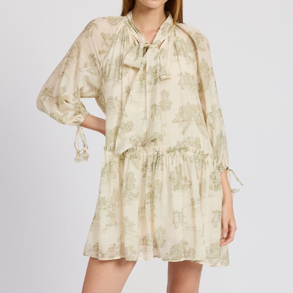 En Saison Cream Olive Leighton Toile Minidress Printed Long Sleeve Size Medium - Picture 3 of 16